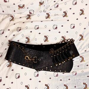 RARE Vintage Genuine Heavy Black Leather and Antique Gold Hipbelt Waist-belt